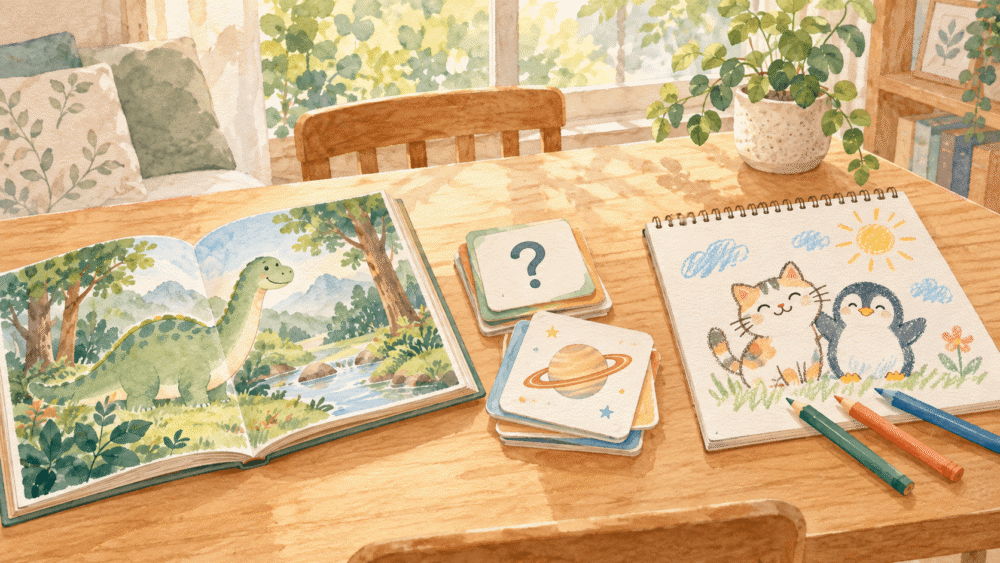 絵本とクイズカード、スケッチブックを並べたテーブル
