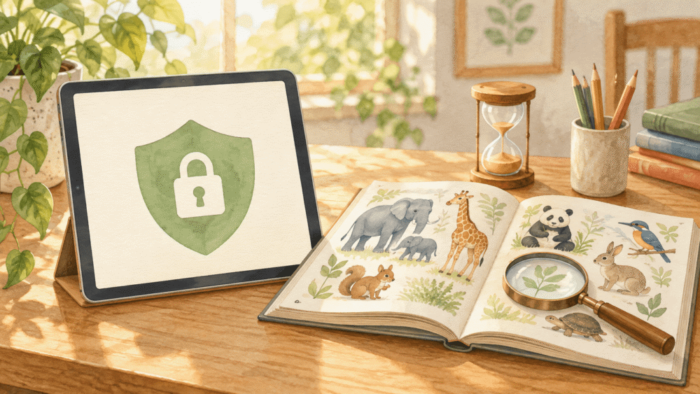 鍵のマークを表示したタブレットと確認用の図鑑、虫眼鏡