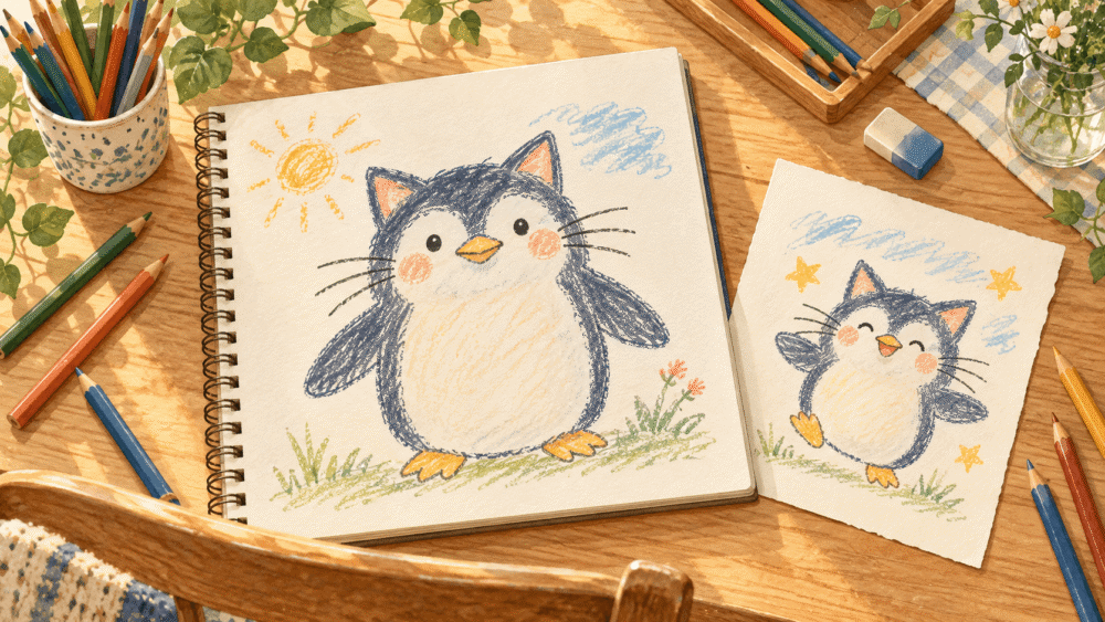 ねことペンギンを組み合わせた空想の生き物の絵と色鉛筆