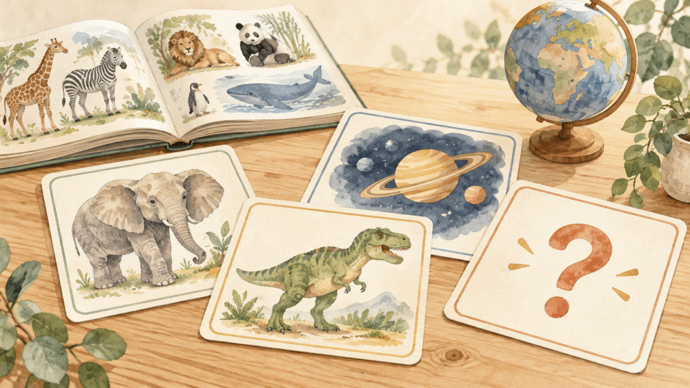 動物や恐竜、惑星のクイズカードと図鑑