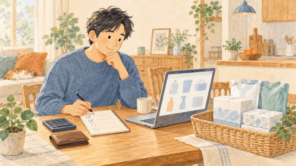 買い物リストと電卓で日用品の購入予算を確認する父親