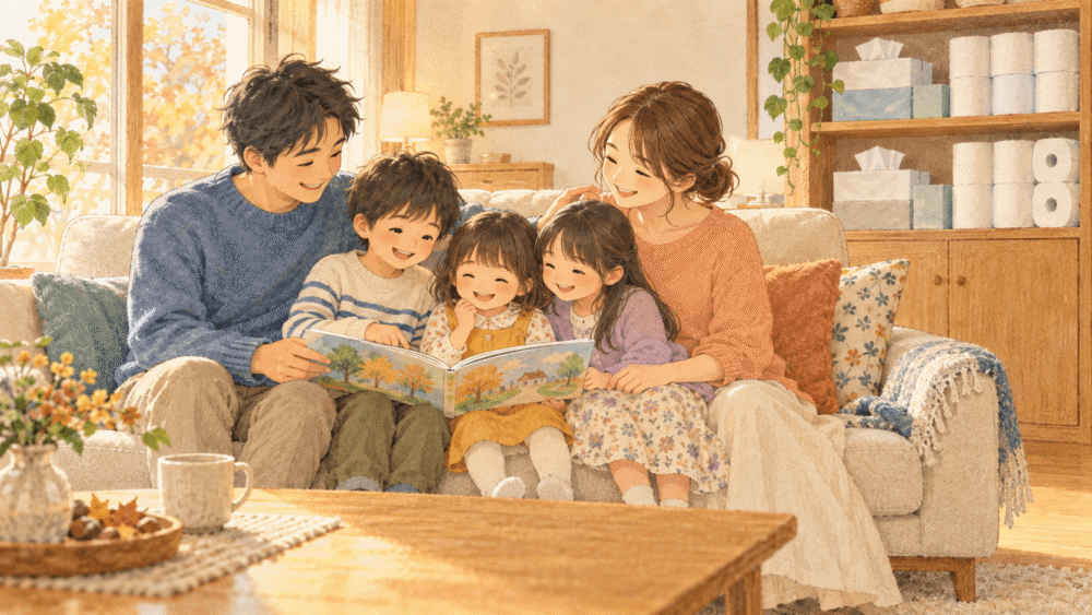 日用品をストックした部屋で、両親と3人の子どもが絵本を楽しむ様子
