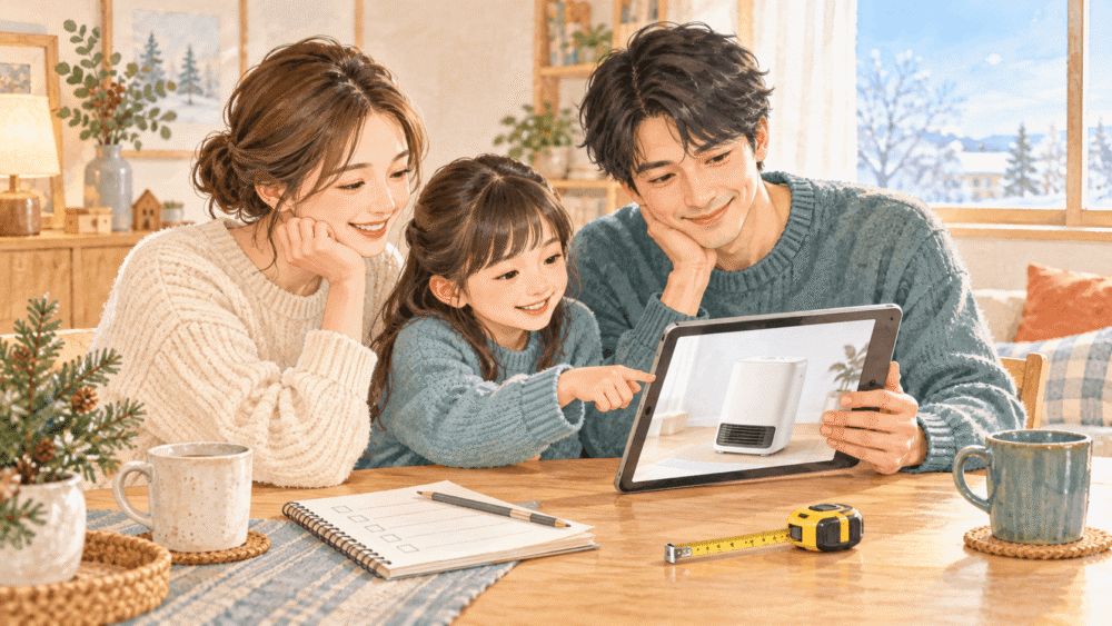 家族でタブレットを見ながら冬に使う小型ヒーターを選ぶイラスト

