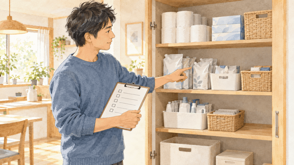 checklist	チェックリストを見ながら日用品のストックを確認する父親