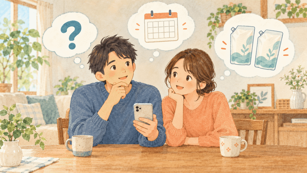 スマートフォンを見ながらセールの買い物について相談する夫婦